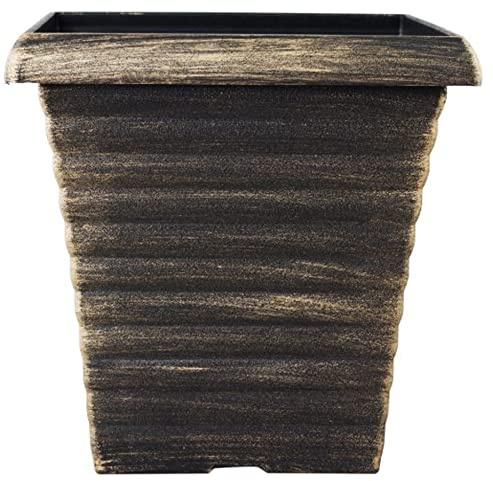 Stylist Biscotti Decorative Square Garden Patio Planter finished in a Brushed Bronze & Black or Silver Paint Effect 23cm Lightweight Flower Pots with Pre-Drilled Drainage Holes (Bronze x1)