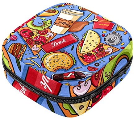 Hamburger Hot Dog Fries Cola Kaffee Pizza Muster Sanitär Serviette Aufbewahrungstasche Tragbare Periodentasche für Frauen Teen Mädchen Menstruationstasse Beutel Stilleinlagenhalter
