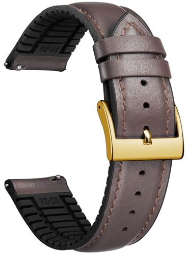 BINLUN Leder Silikon Uhrenarmbänder 14mm 16mm 18mm 19mm 20mm 21mm 22mm Schnellverschluss Hybrid Gummi Lederarmband für Smartwatches 6 Farben Herren Damen（Braun,14mm,Goldene Schließe