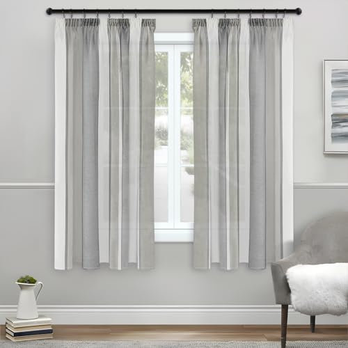 MRTREES Gardinen Wohnzimmer Modern Vorhänge mit Kräuselband 145 cm lang gardine Gestreift Tüll gardine Halbtransparent Vorhang 140 hoch Dunkelgrau Grau und Weiß Vorhang 2er Pack