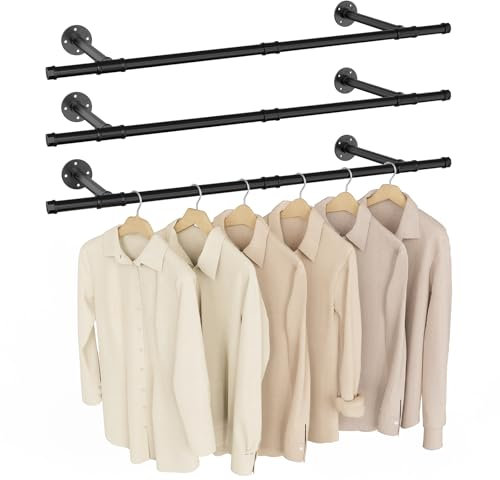 Yawinhe Kleiderstange zur Wandmontage, Abnehmbare Kleiderständer im Industrie-Design,112 cm Rohr-Kleidergestell Wandaufhänger für Kleidung Lagerung,für Wohnzimmer, Schwarz, 3-Pack