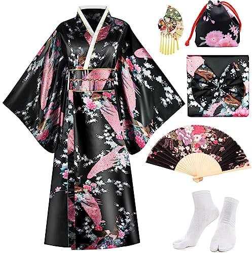 PLULON 5 Pezzi Abito Kimono Giapponese Abito Yukata Geisha Fiore di Pavone Accappatoio in Raso con Accessori per Donna