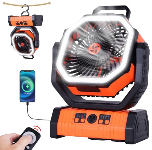 TDLOL Ventilatore da campeggio ricaricabile da 20000 mAh con lanterna a LED, ventilatore oscillante portatile a 270°, 3 velocità, luce LED a 3 livelli, arancione, 22,3 x 11,4 x 28,4 cm