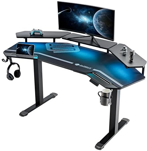 EUREKA ERGONOMIC Höhenverstellbarer Schreibtisch 160×74cm Flügelförmiger Gaming Tisch Höhenverstellbar Elektrisch Doppelmotor Groß Gaming Schreibtisch mit Led, Monitorständer und Tastaturablage