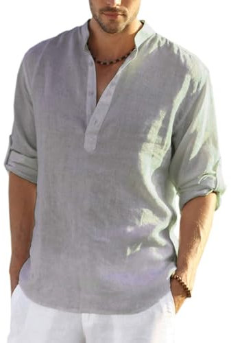 COOFANDY Men's Linen Henley Shirt Cotton Summer Long Sleeve Hippie Casual Beach T Shirts XL A-Gray