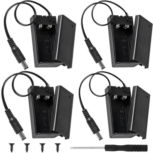 Xiatiaosann 9V Battery Holder with 5.5 x 2.1mm DC Male Plug Wire, 9V Battery Case Box with On/Off Switch (4 Pack)