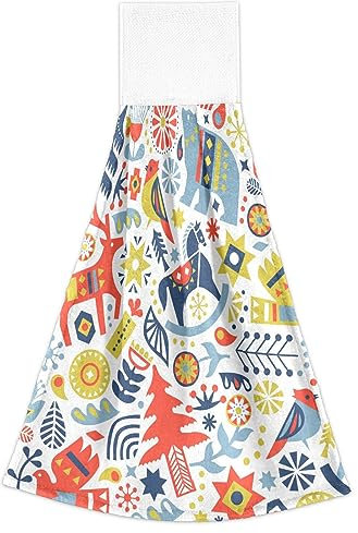 FRODOTGV Hängeschlaufe Handtuch 2er Set Waschlappen Handtücher Winter Rentier Bär Kiefer und Blumen Geschirrtrockentücher für Küche