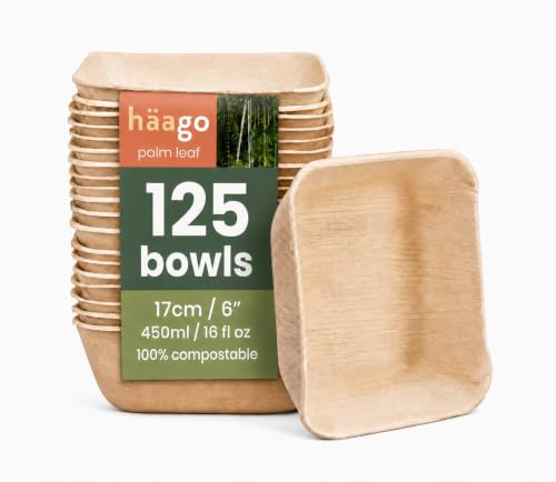 HAAGO 125 Palm Leaf Bowls, 450ml Square Disposable Bowls – 17cm Party Bowls | Bamboo-Look Wooden Bowls for Hot & Cold Food, Snacks, Pasta & Desserts – Compostable, Microwave, Oven & Freezer Safe