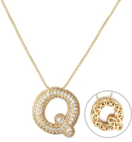 RWQIAN Bubble Buchstaben Kette Gold Q Damen Balloon Initialen Haskette Bling Zirkonia Buchstaben Kette Anhänger Blase Letter Schmuck Geschenke für Frauen