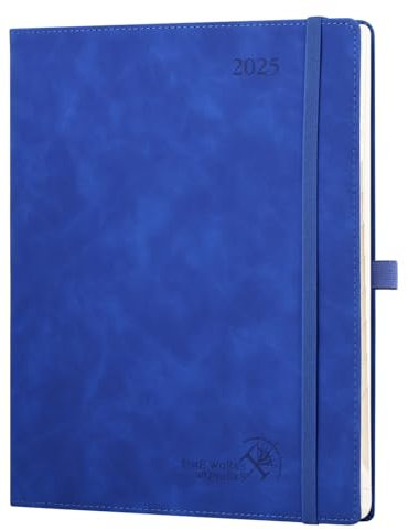 POPRUN Kalender 2025 Buchkalender Softcover mit PU-Leder, ca. A4 (26,5 x 21,5 cm) - Terminplaner, Wochenplaner Notizbuch (Jan.2025-Dez.2025) mit 100 GSM Papier - Königsblau
