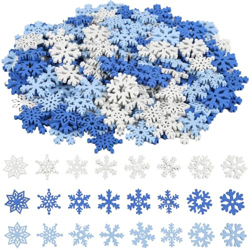 150 Stücke Weihnachtsdeko Schneeflocken Holzdeko, 25mm Holzscheiben Schneeflocken Streudeko mit 8 Formen, Blau und Weiß Tischdeko Schneeflocken Holz für Weihnachten Winterdeko