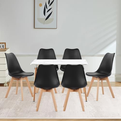 LafeuR Esszimmergruppe Esstisch mit 6 Stühlen Essgruppen, Rechteckig Küchentisch-Set für 6 Personen Sitzgruppe für Wohnzimmer Küche Büro(Marmor Tisch+6 Schwarz Esszimmerstühle)