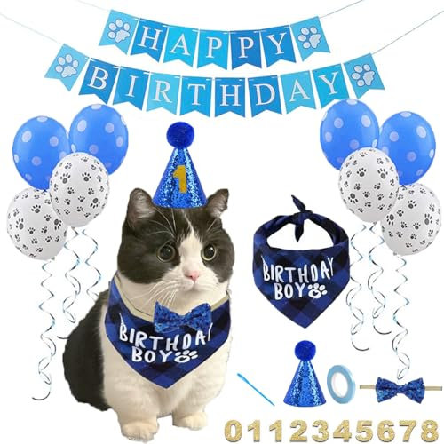 Komplettes Katzengeburtstagsparty Set – Süße Katze Bandanas, Geburtstag Hut, Geburtstagsnummer, Katze Banner, Fliege & 8-Buchstaben Ballons für Katzendekoration