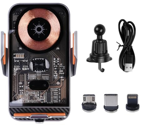 Sarini Soporte para teléfono para automóvil, Cargador inalámbrico para automóvil de 15 W, Carga rápida, Soporte Giratorio de 360 ° con Sensor automático, Carcasa Transparente