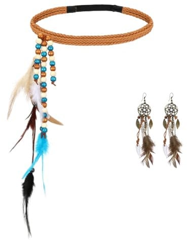 Capaneus Indianer Kopfschmuck, Indianer Haarschmuck Indianer Ohrringe Damen, Haarband Ohrringe mit Federn Stirnband Indianer Accessoires für Damen Karneval, Fasching, Hippie Halloween Schmuck