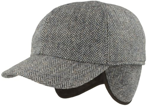 Breiter Winter Baseballcap Schirmmütze Baseball Kappe ausklappbarem Ohrenschutz Basecap aus Wolle - Hellblau Fischgrät 63