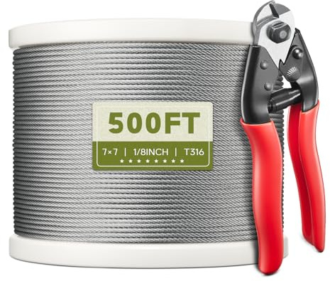 KALLSDY 500FT 1/8 T316 Stainless Steel Cable, Wire Rope Aircraft Cable for Deck Cable Railing Kit and DIY Balustrades, 7x7 Strands Construction, Comes with a Cutter