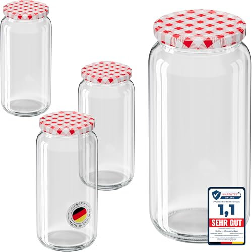 WELLGRO Einmachgläser mit Schraubdeckel TO 82 – rot kariert - Made in Germany - Luftdichte Rundgläser ideal zum Einkochen und Aufbewahren (1045ml x 6 Stück)