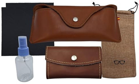 Étui pour lunettes étroites pour la ceinture et porte-clé assorti. Fabriqué artisanalement en Espagne. Comprend une housse en tissu, 2 chiffons de nettoyage et un flacon pour liquide de nettoyage des