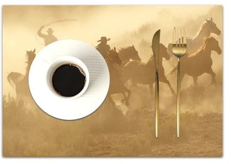 DASNK 4er Set Platzsets 30x45cmRutschfest Abwaschbar Tischmatten PVC Abgrifffeste Hitzebeständig Tischsets,Platz-Matten für küche,Western, Galoppierende Pferde in der Wüste Zwei Cowboys Lassojagd Dus