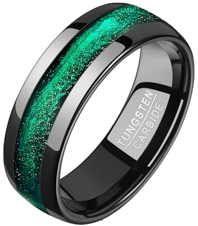 TUNGSTORY Mystischer Schwarz grün Ring - Wolframring 8 mm mit Glimmereffekt - Hypoallergen Emo Jewelry Modeschmuck 60(19.1)