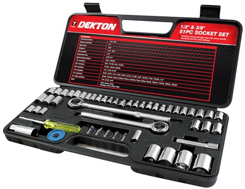 Dekton 52-Piece Drive Socket Set | Includes Ratchet Handle, Extension Bar, Adaptor, Spin Disc and Metric Sockets | Features Spark Plug & Spline Sockets with | Ideal for Versatile Applications