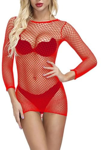Robe Mini en Résille Femme Creuse Body Sexy Érotique Manches Longues Tenue Plage Soirée Rave