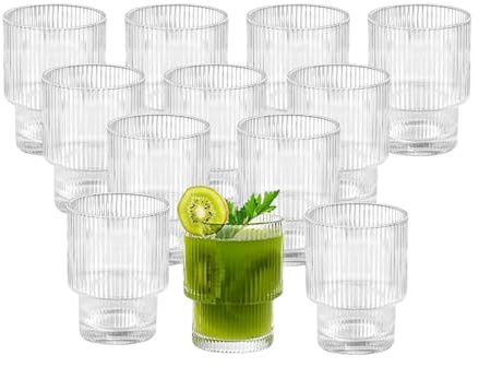 HOMESHOPA Ribbed Glasses Set, Elegant Origami Style Drinking Tumblers for Water, Cocktails, Whiskey, Beer & Iced Coffee, Clear Ridged Glass Cups for Home & Parties (195ml - 12 Pack, Ribbed)