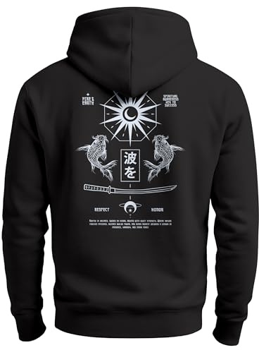 Neverless® Herren Hoodie Backprint Japan Asien Koi Samurai Schwert Rückenaufdruck Kapuzenpulli Männer Fashion Streetstyle