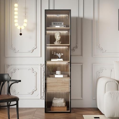 LLGWGL Badezimmerschrank Badschrank Eckschrank Badmöbel - 165 cm Hoch MDF Hochschrank mit Lichtleiste Glastür Großer Schublade Offenem Fach für kleine Bäder, Flur, Büro, Naturfarbe