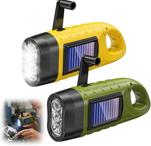 2 Pack Wind Up Torch Solar Powered, LED Hand Crank Flashlight with Carabiner Clip, Small Emergency Dynamo Torches for Camping, Hiking, Survival Gear & Power Cuts, No Batteries Needed (Green/Yellow)