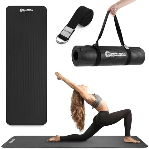 HyperMotion Yogamatte Fitnessmatte NBR 183x61x0,8 cm Schwarz, Rutschfest 8 mm, mit Tragegurt und Stretchband, Trainingsmatte für Yoga, Pilates und Workout