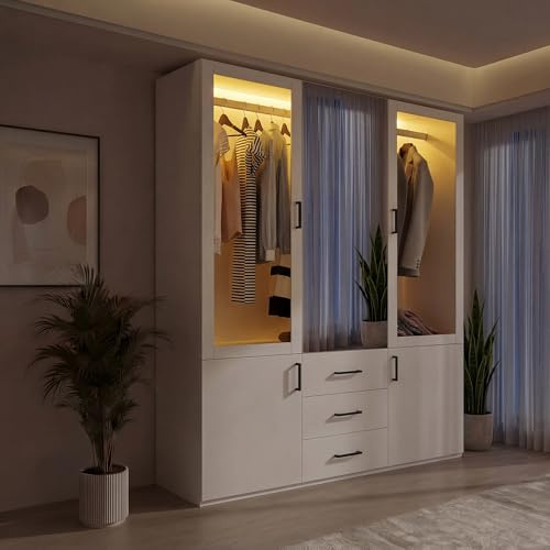 Kleiderschrank Weiß, Drehtürenschrank 2-türig mit Spiegel und 3 Schubladen, Aufbewahrungsschrank mit Kleiderstange, Schlafzimmerschrank Mehrzweckschrank für Schlafzimmer Wohnung(130x52x180cm+glas)