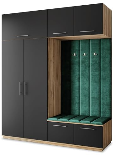 Masseno Flugarderoben Set Rema, Kleiderschrank-Set mit Sitzbank, Garderobenschrank Flur mit 5 Regalböden, Eiche Wotan/Schwarz
