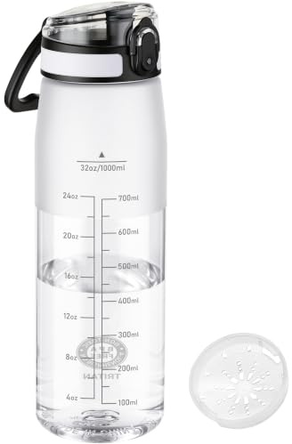 GOPPUS 1L/32oz Clear Tritan Water Bottle with Chug Lid & Carry Handle, BPA Free Sports Bottle, Leakproof One-Click Flip Top Lid with Lock, Wide Mouth Drinks Bottle with Measurement Markings - Clear
