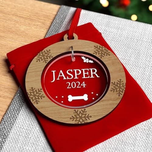 PERSONALISED Dogs/Puppys 1st First Christmas Tree Ornament Decoration Bauble Xmas - Cherry Veneer and Acrylic Engraved Christmas Tree Ornament - Keepsake Christmas Gifts Presents