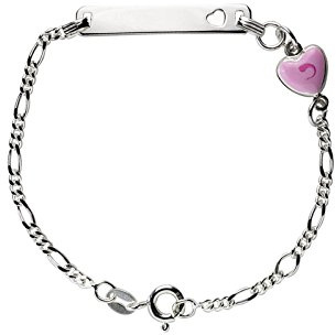 Aka Gioielli - Baby ID Armband 925 Sterling Silber mit Ausgestanztem HerzArmband und Rosa Herzanhänger, Geschenk für Kinder und Mädchen