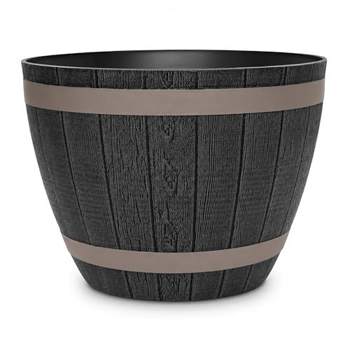 simpa Rustic Style Dark Grey Plastic Half Barrel Cask Planters 51cm Diameter - Single Pot - Indoor & Outdoor Flower/Plant Pot.