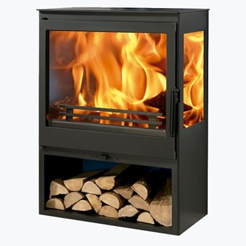 VDC Holzofen Onix 3V - Kamin mit Reinglassystem, Glaskeramikglas, Gusseisenrost, Holzregal - Schwarz