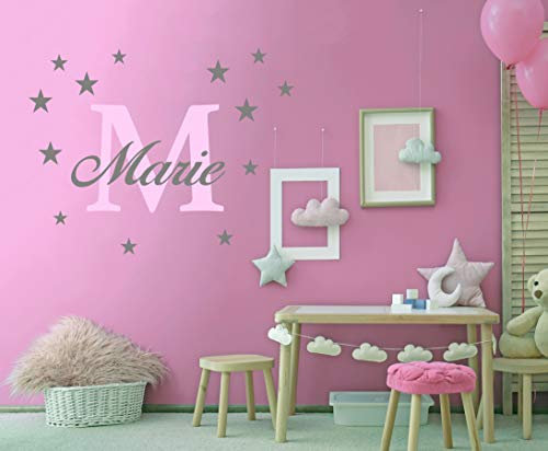 Wunschname Wandtattoo mit Sterne an der Wand Wandaufkleber Wandsticker DIY Kinderzimmer Babyzimmer (60cm / 90cm, Rosa-Grau)