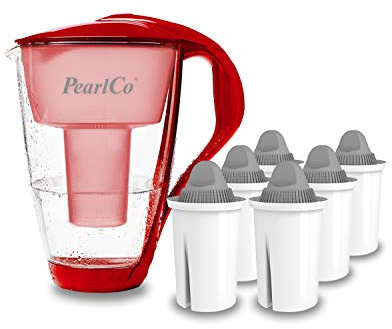 GLAS-Wasserfilter PearlCo (rot) mit 6 Protect+ classic Filterkartuschen (f. hartes Wasser) - Made in EU