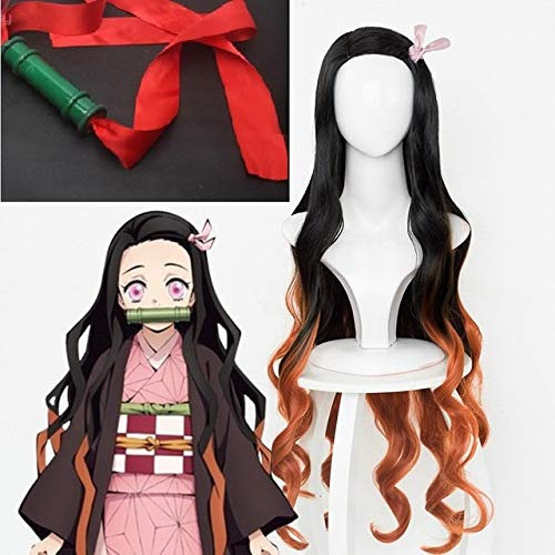 Demon Slayer Kimetsu no Yaiba Kamado Nezuko Cosplay Wig Heat Resistant Synthetic Hair Wigs +Wig Cap + Bamboo Props Sealing Stick Wig and Stick 1