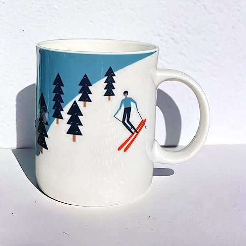M & G Mustard & Gray Snow Skiing The Mountains are Calling Hand-Printed Large Bone China Mug