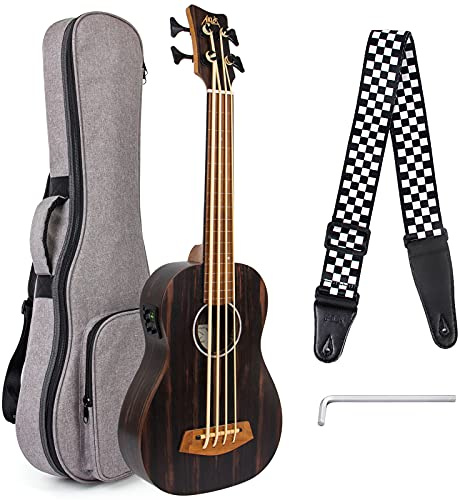 Electric Bass Ukulele,AKLOT Baritone Fretless Ukelele Bass Uke 30 inch Ebony African Blackwood Professional E-A-D-G with Gig Bag Strap for Beginner Advanced