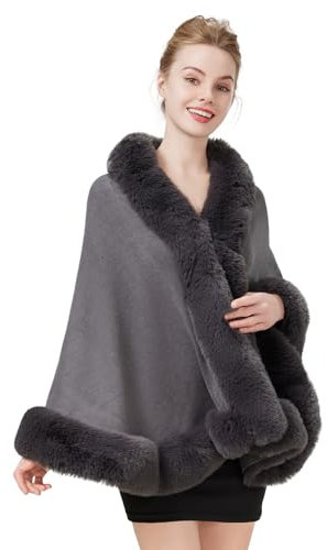 BEAUTELICATE Kunstpelz Stola Schal Damen Strick Bolero Poncho Cape für Hochzeit Abend Braut Frauen Brautschal Brautstola (Grau, Einheitsgröße)