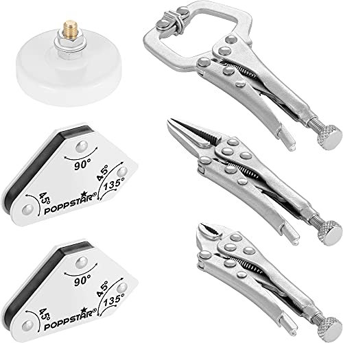 Poppstar 2x Mini angoli di saldatura magnetici (45° 90° 135°), set di accessori per saldatura: 1x pinza magnetica di massa, pinza a C, pinze di presa, pinze ad ago