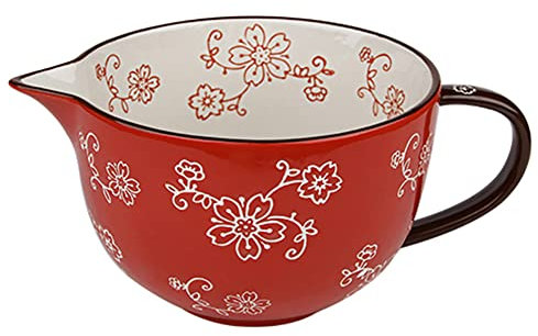 Gaolinci Keramik-Rührschüssel, Kirschblüten-Muster, 1 Liter, große Schüssel, mit Ausgießer und Griff