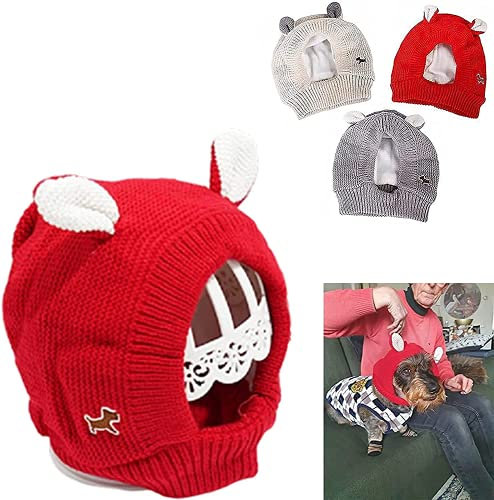 Zhuidream Ruhige Ohren für Hunde, Hundepflege-Ohrenschützer, Strickmütze Haustier Weihnachten warme Mützen, Hundeohrschützer Lärmschutz, Haustier Hals Ohrenwärmer Kapuze (Rot)