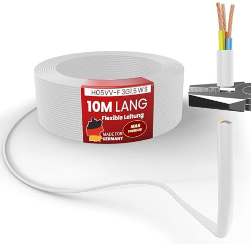 Câble en plastique flexible H05VV-F 3G0,75 - 3G1, 3G1,5 ou 3G2,5 - Blanc - De 5 à 100 m - Câble d'appareil - (H05VV-F 3G1,5 WS, 5 m)