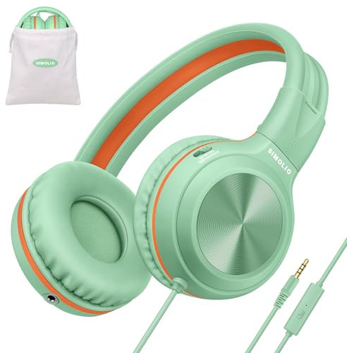 SIMOLIO Kopfhörer mit Kabel für Mädchen und Jungen, mit MIC und 85dB 94dB 104dB Lautstärkeregler, 3,5mm-AUX-Share-Anschluss zum Anschließen eines zweiten Kopfhörers-SM-904 Grün
